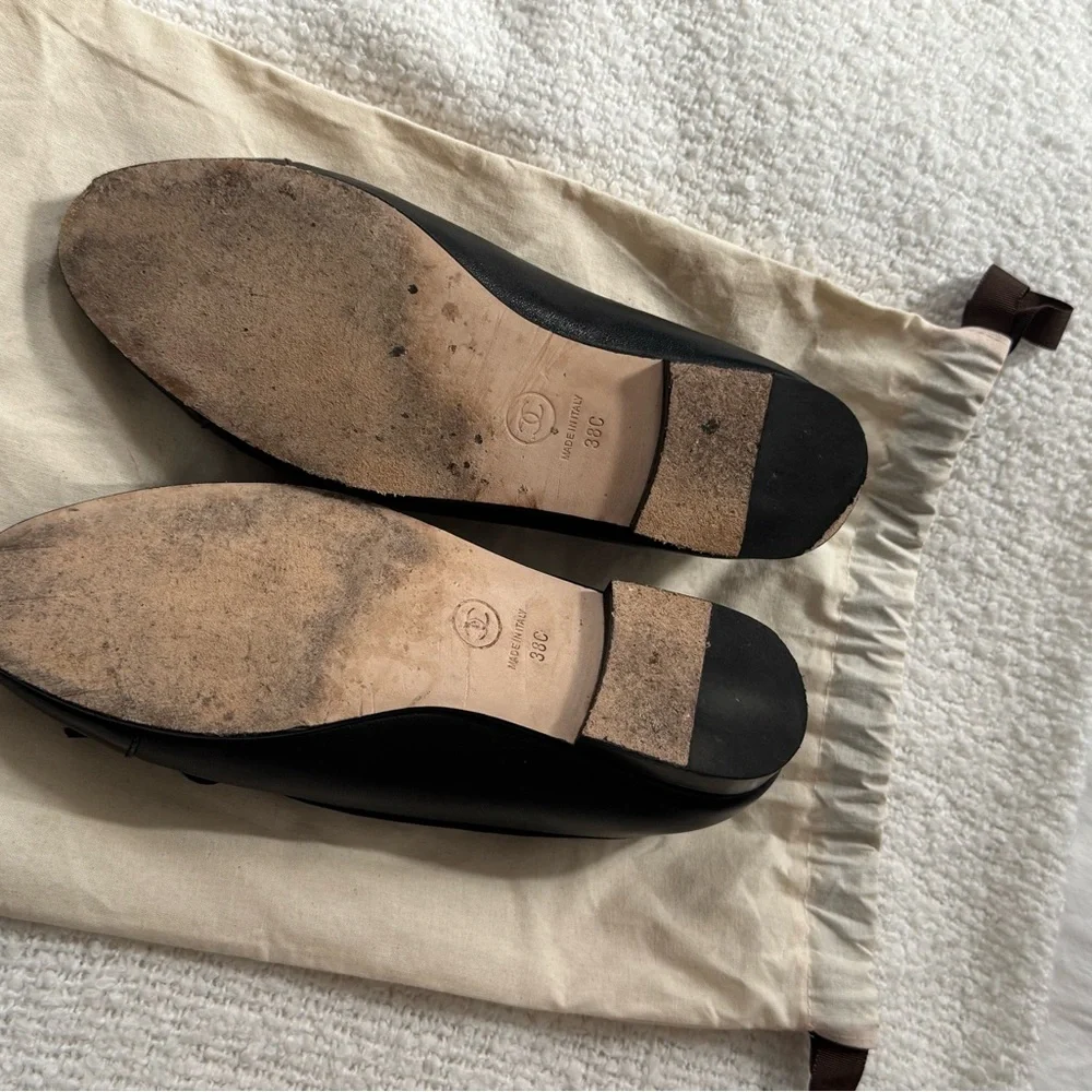 Chanel Black Leather Ballet Flats with Patent Toe